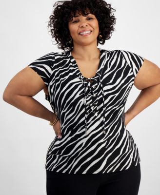 I.N.C. International Concepts - Plus Size Animal-Print Lace-Up-Neck Top