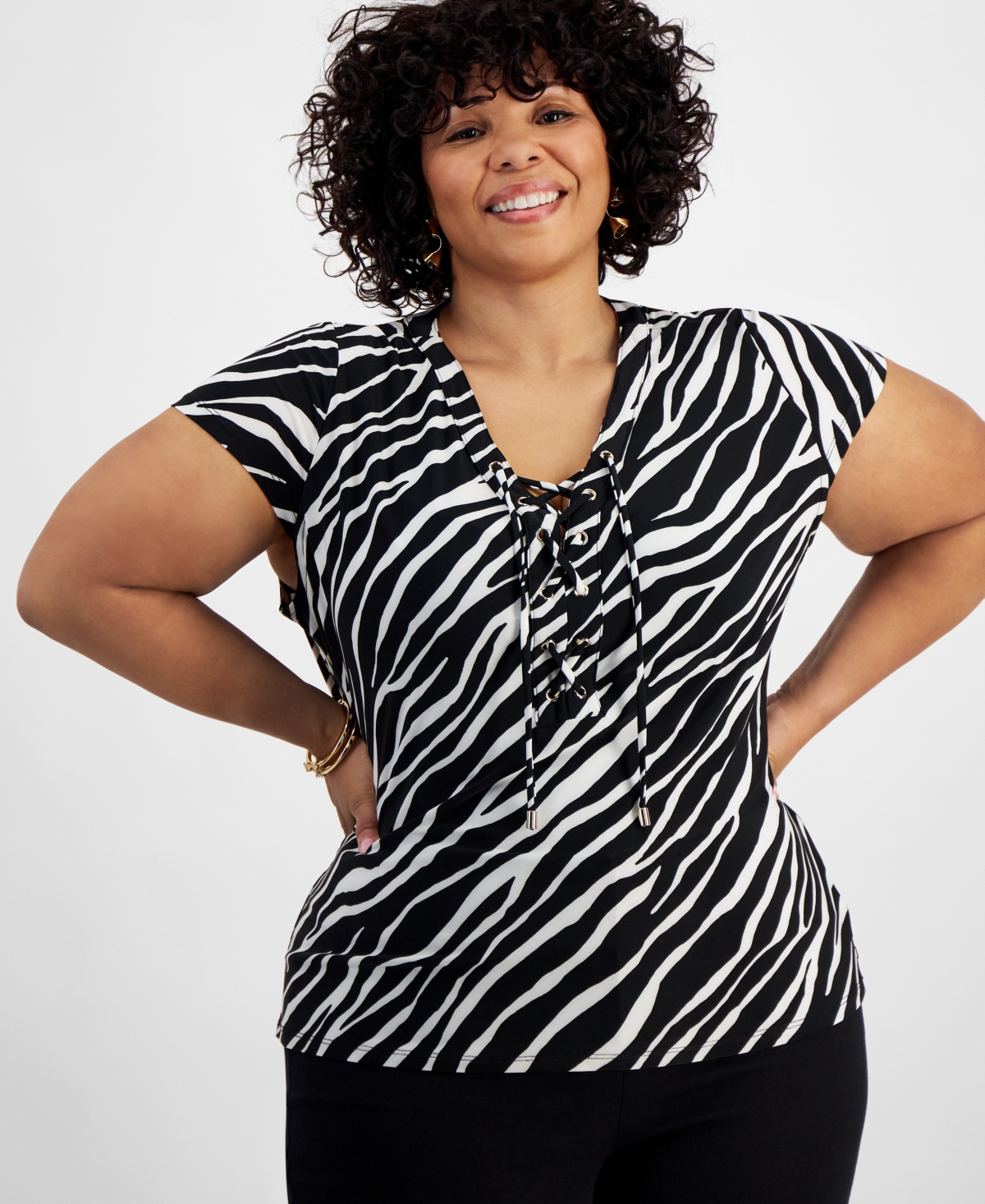 Inc International Concepts Plus Size Animal-print Lace-up-neck Top, Created For Macy's In Heather Zebra