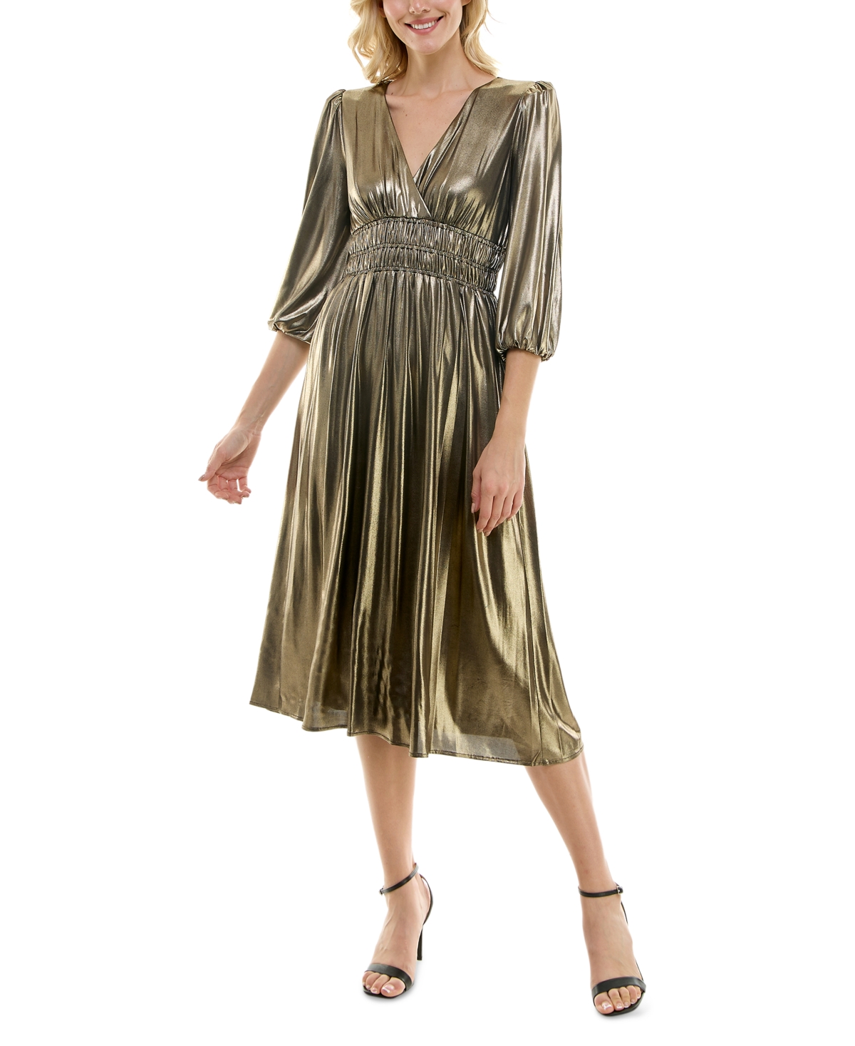 Shop Maison Tara Women's 3/4-sleeve Smocked-waist Midi Dress In Antique Gold,black