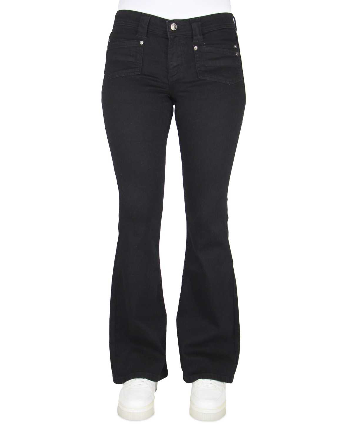 Shop Almost Famous Crave Fame Juniors' Solid Patch-pocket Flare-leg Denim Jeans In Black