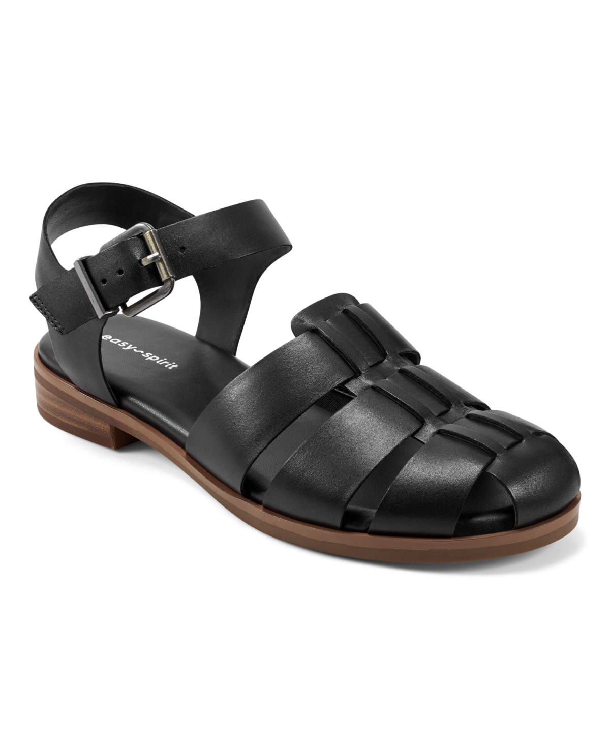 Shop Easy Spirit Women's Gretty Round Toe Strappy Flat Sandals In Black Leather