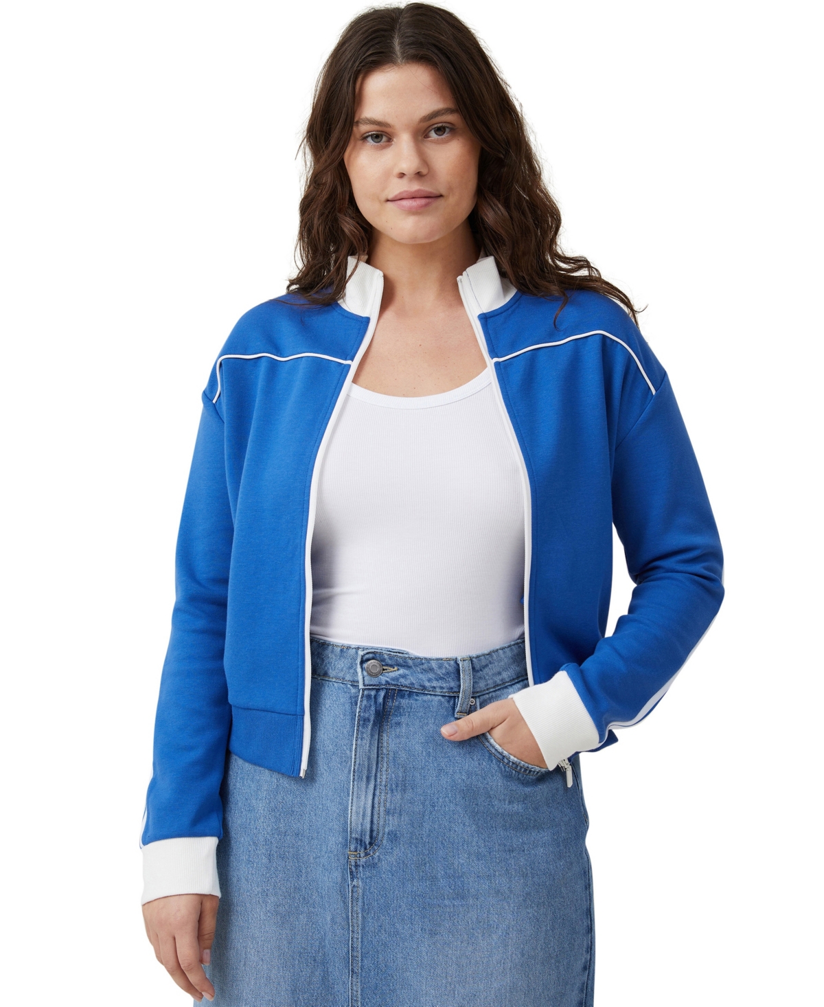 Women's Retro Sporty Zip Through Sweater - Blue Moon, White