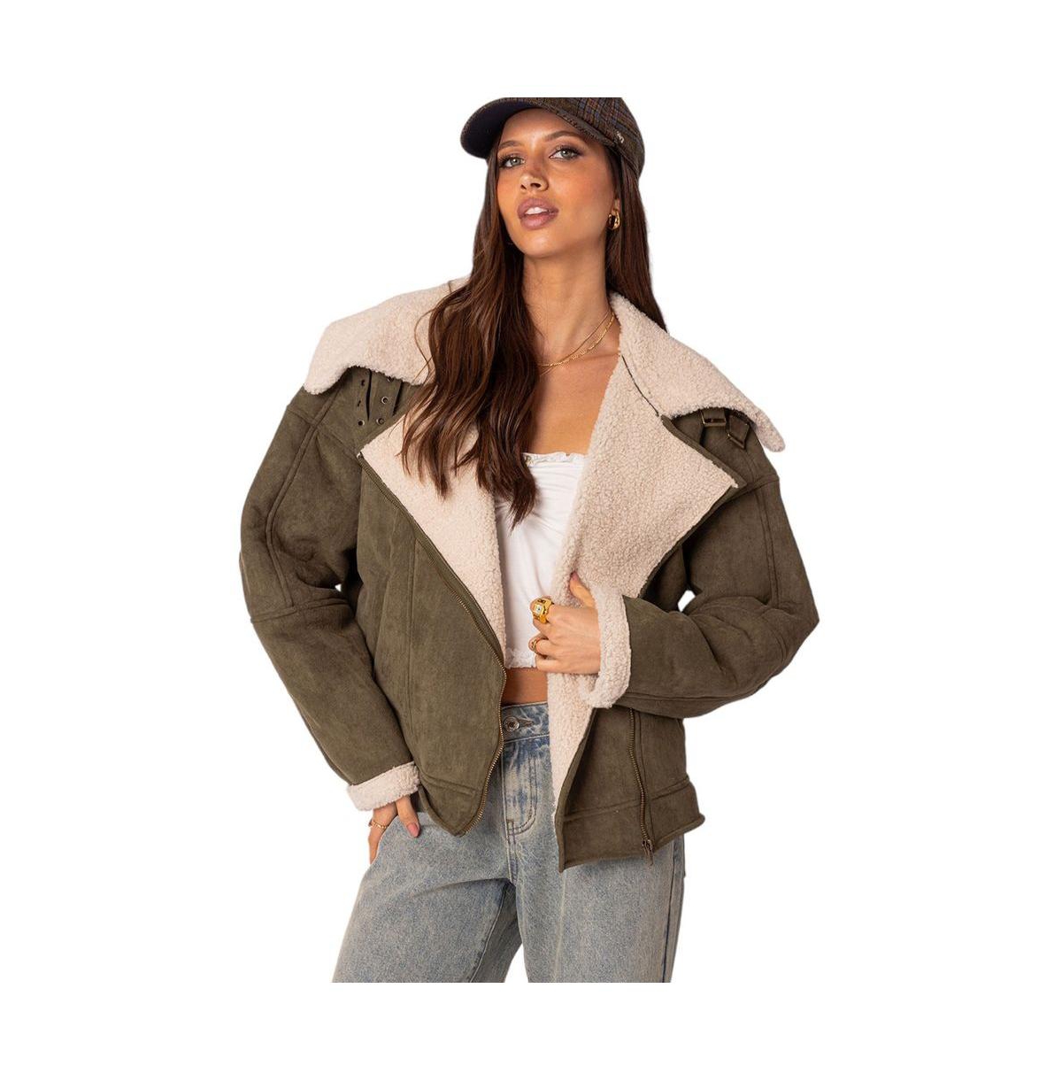 Shop Edikted Women's Faux Suede Shearling Oversized Jacket In Olive