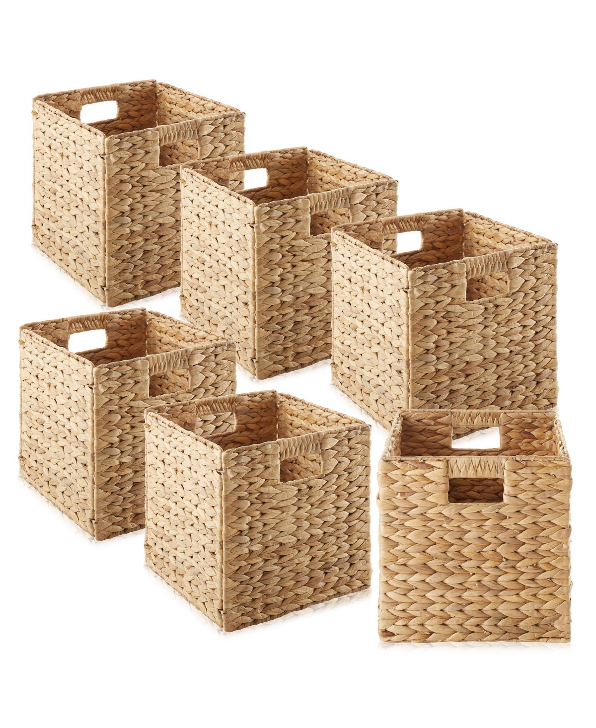 10.5" x 10.5" Water Hyacinth Storage Baskets, Natural - Set of 6 Collapsible Cube Organizers, Woven Bins for Bathroom, Bedroom, Laundry, Pan