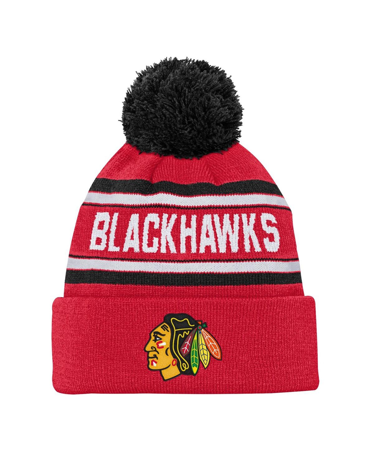 Outerstuff Youth Boys And Girls Chicago Blackhawks Red Jacquard Cuffed Knit Hat With Pom In Red