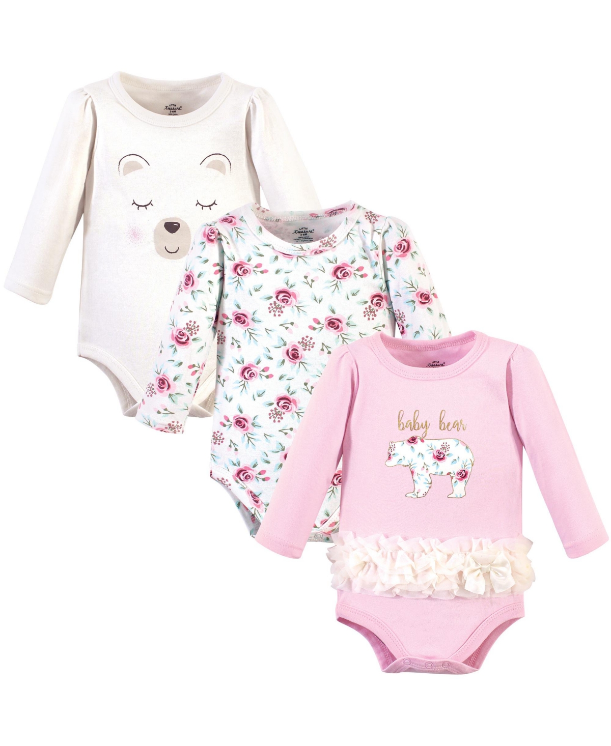Little Treasure Baby Girls Treasure Baby Cotton Long-sleeve Bodysuits 3pk, Floral Baby Bear