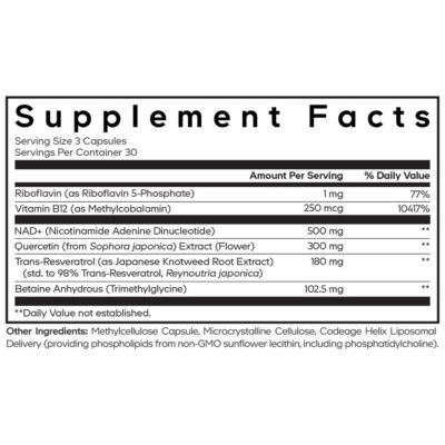 Liposomal NAD+ Ultra Supplement - 500 mg NAD+ Quercetin, Betaine Anhydrous, Vitamin B12 Methylcobalamin, Trans-Resveratrol, 90 Capsules