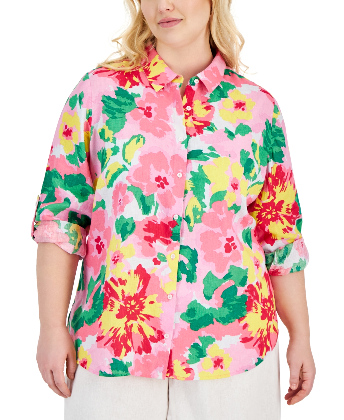 Shop Charter Club Plus Size Linen Floral-print Roll-tab Shirt, Created For Macy's In Buble Bath Combo