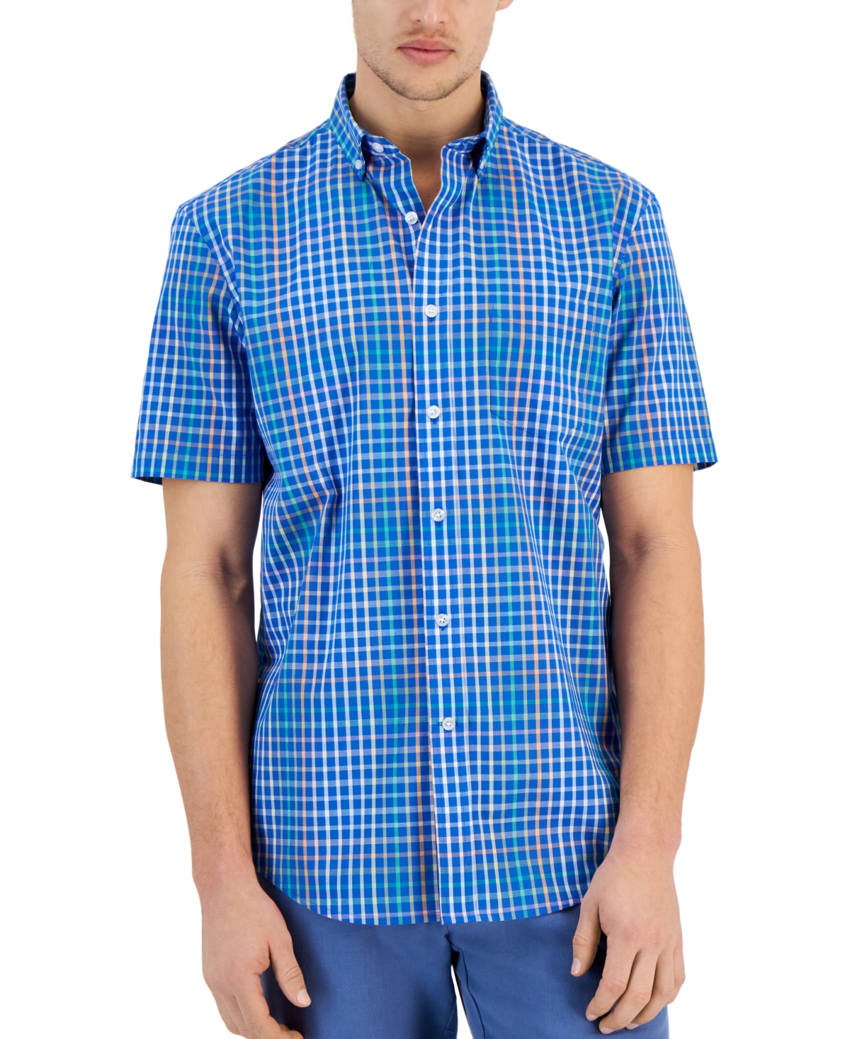 Men's Bright Plaid Poplin Short Sleeve Button-Down Shirt, Created for Macy's - Laser Blue