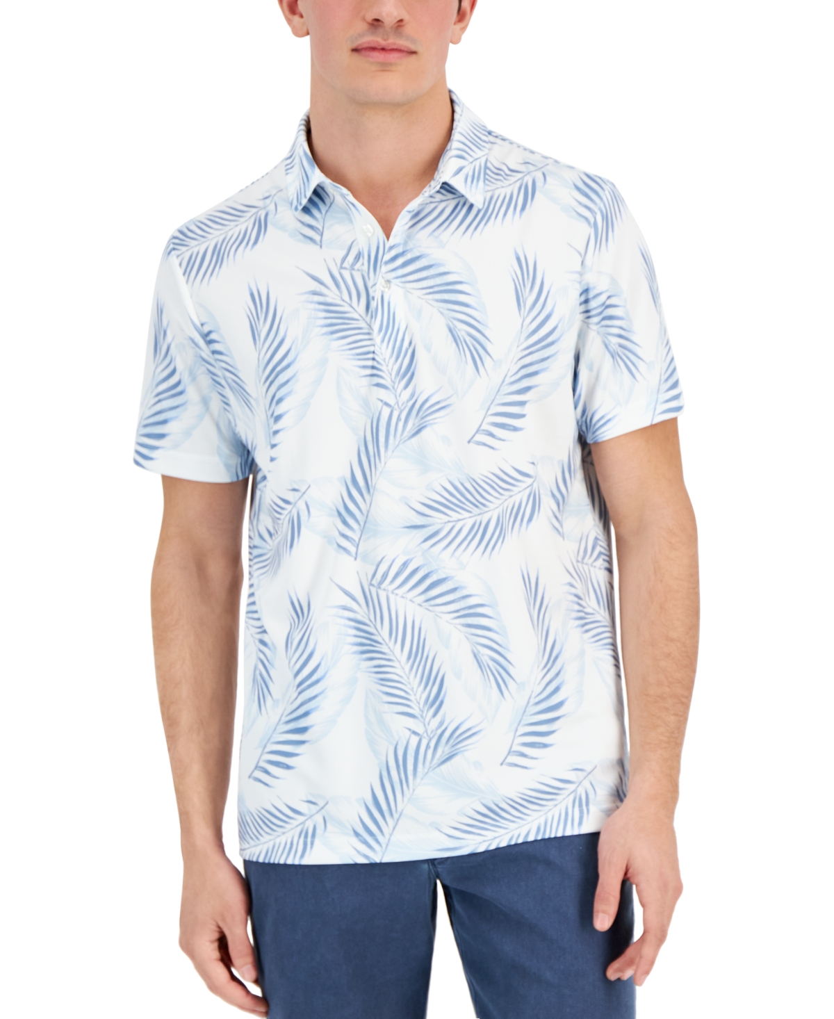 Men's Leaf Print Short Sleeve Tech Polo Shirt, Created for Macy's - Bright White