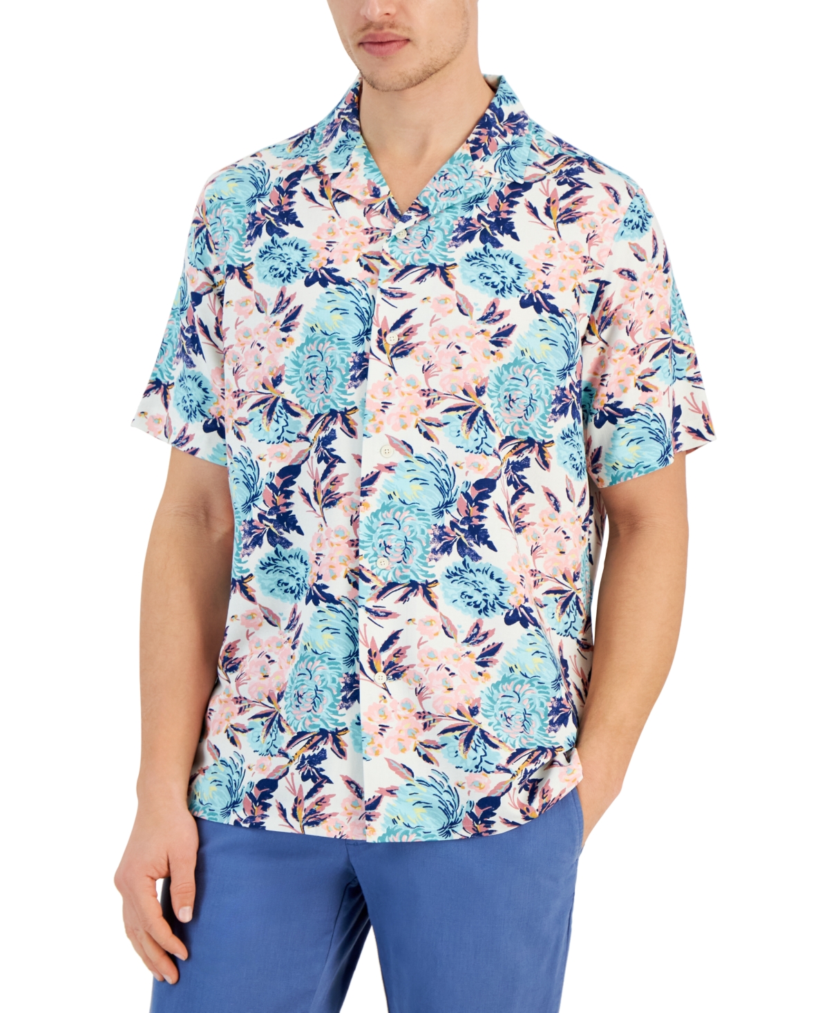 Men's Regular-Fit Floral-Print Button-Down Camp Shirt, Created for Macy's - Bright White