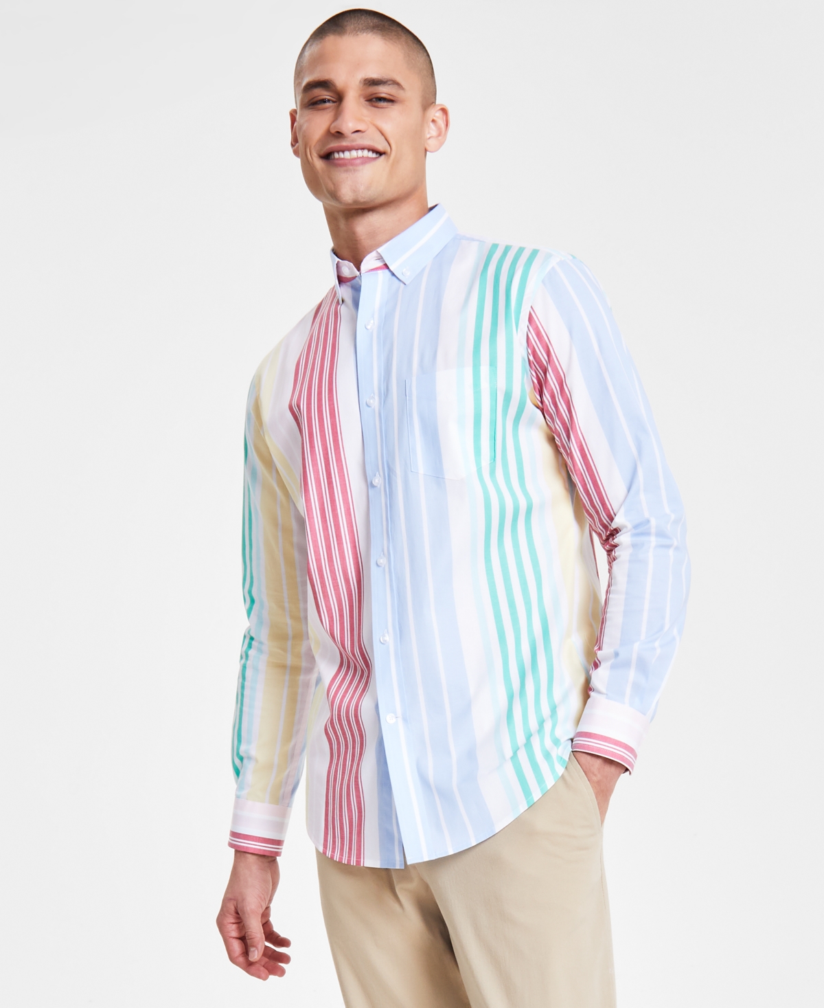 Men's Striped Poplin Shirt, Created for Macy's - Bright White