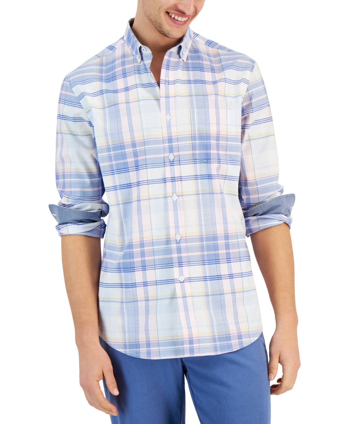 Men's Lima Plaid Long Sleeve Button-Down Oxford Shirt, Created for Macy's - Bright White