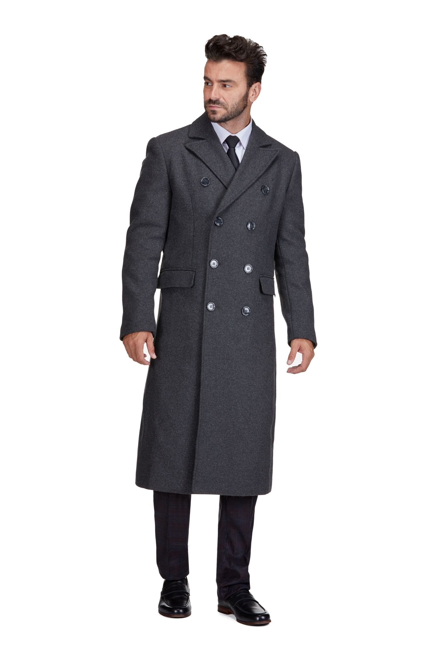 Big & Tall Double-Breasted Knee Length Wool Blend Three Button Long Overcoat Top Coat