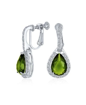 7ct Style Halo Green Cubic Zirconia Cz Dangle Drop Teardrop Screw Back Clip On Earrings Rhodium Plated