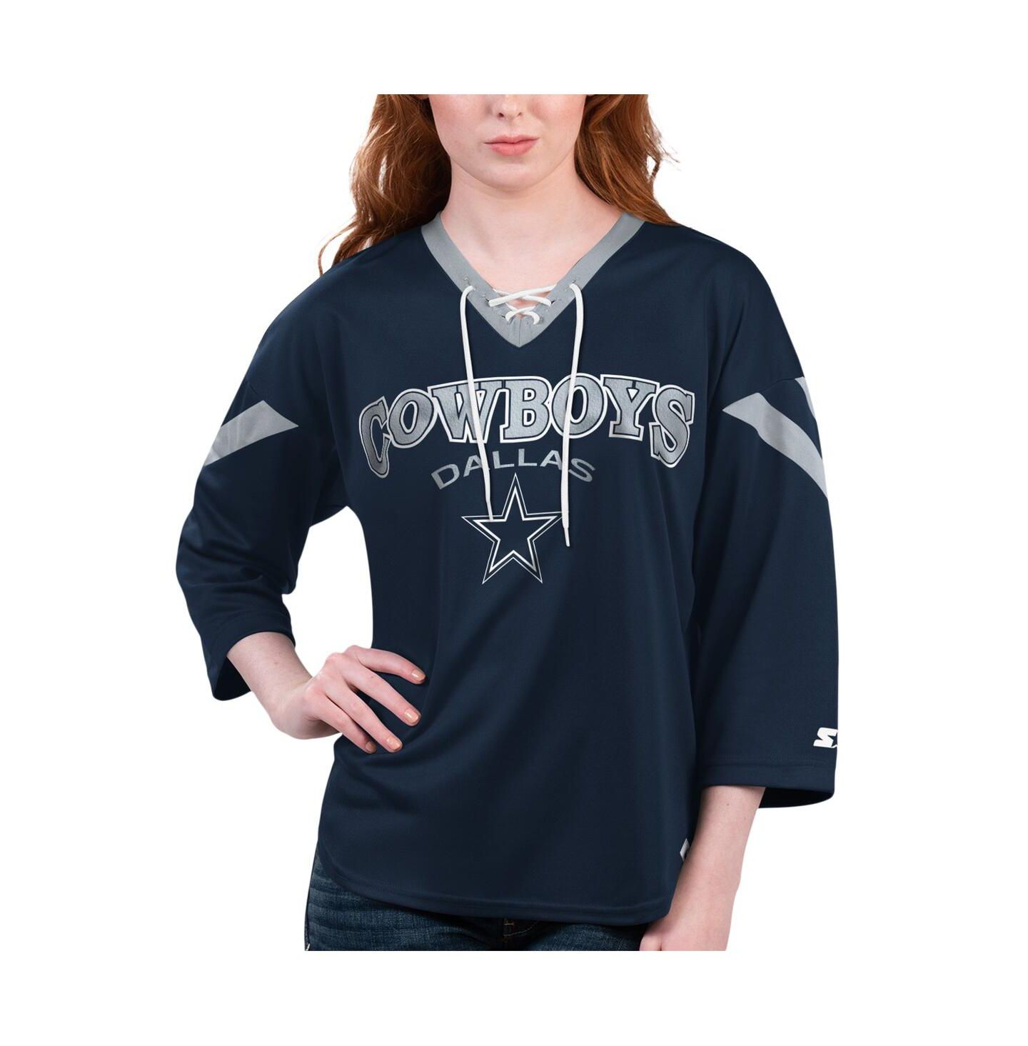 Женская футболка Starter Navy Dallas Cowboys Rally Lace-Up 3/4-Sleeve — фото 1
