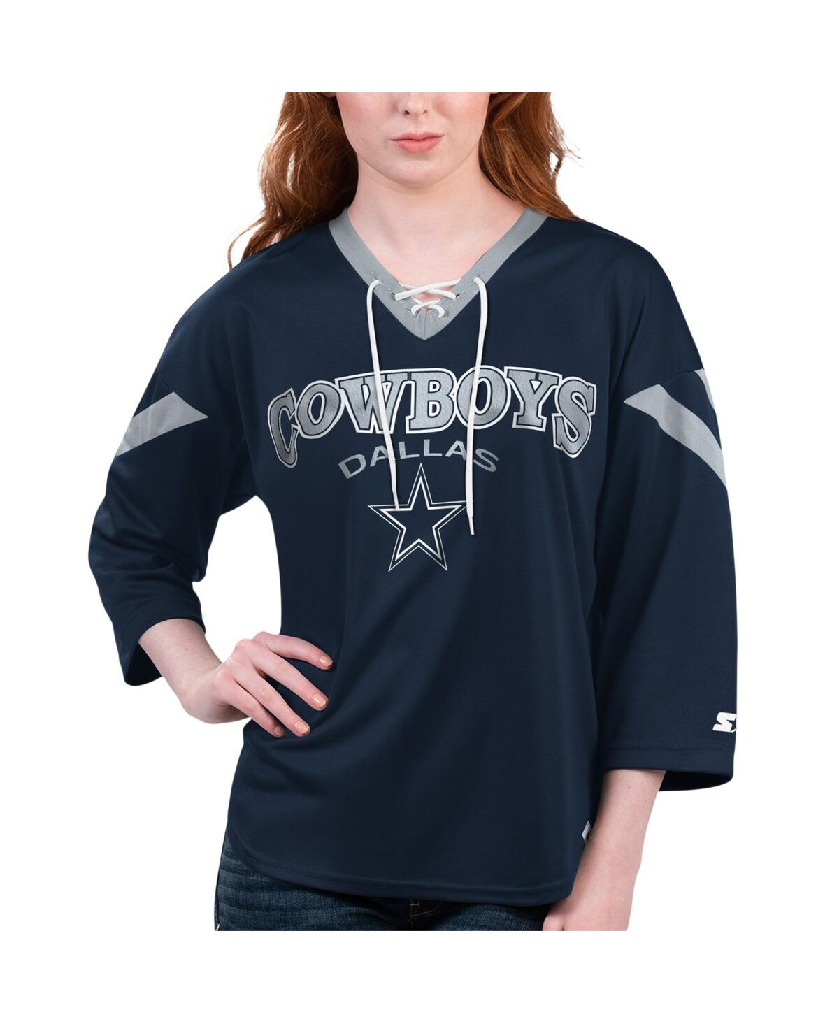 Shop Starter Women's  Navy Dallas Cowboys Rally Lace-up 3/4-sleeve T-shirt