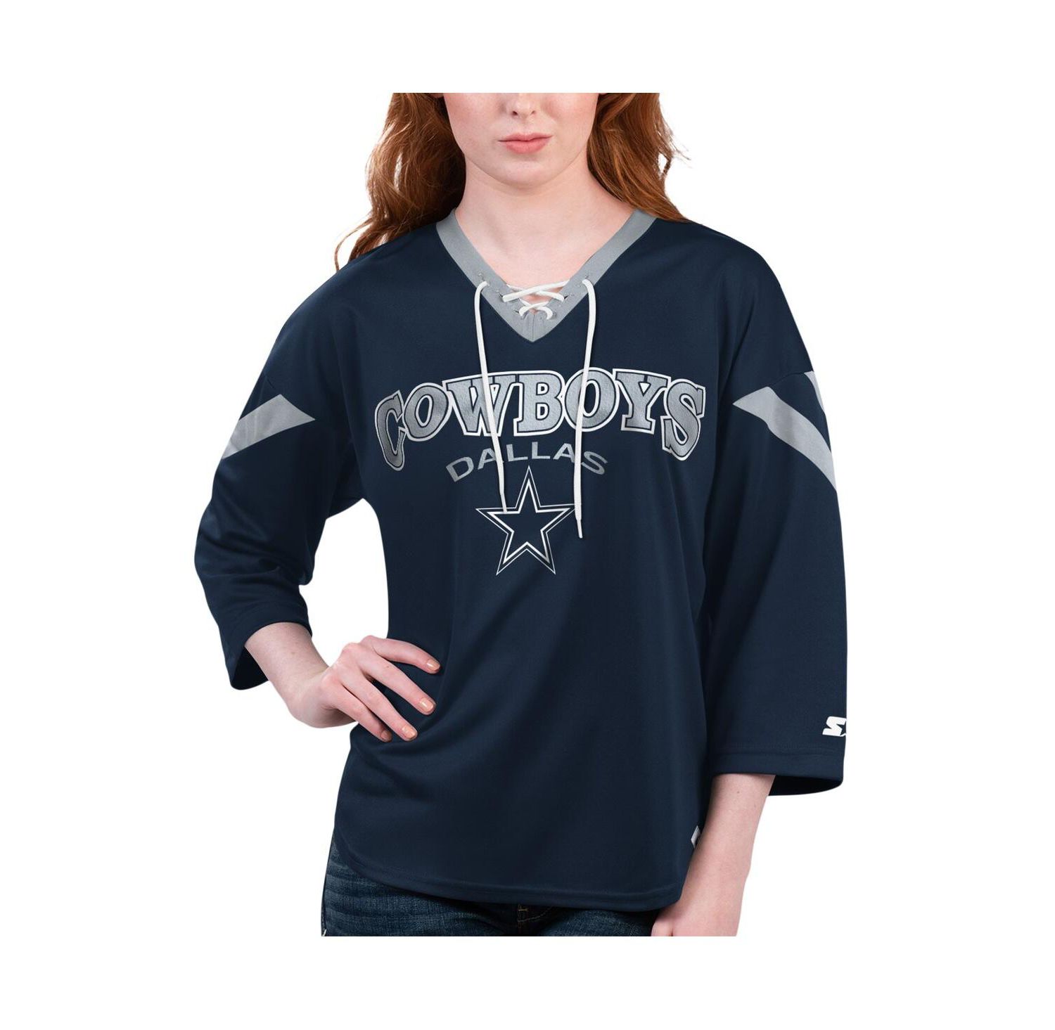 Women's Navy Dallas Cowboys Rally Lace-Up 3/4-Sleeve T-shirt