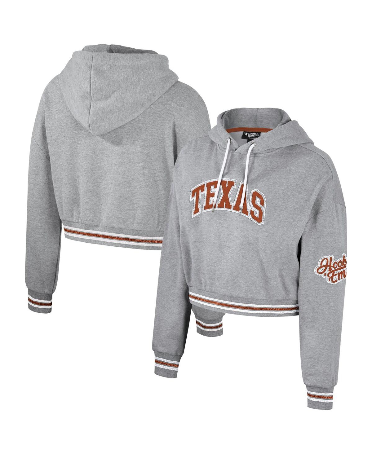 Shop The Wild Collective Women's  Heather Gray Distressed Texas Longhorns Cropped Shimmer Pullover Hoodie