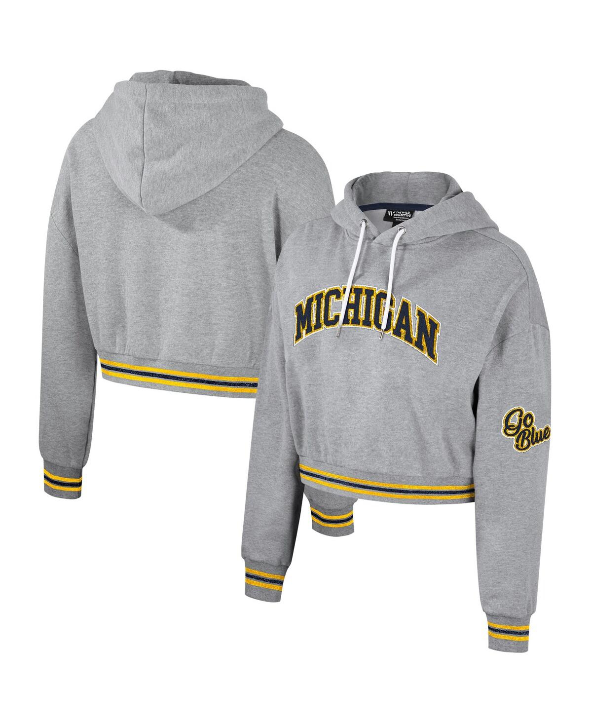 Women's The Wild Collective Heather Gray Distressed Michigan Wolverines Cropped Shimmer Pullover Hoodie - Heather Gray