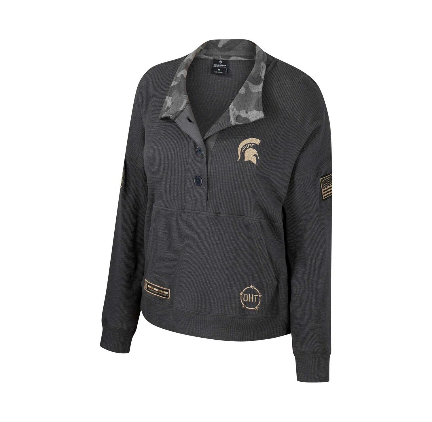Women's Heather Charcoal Michigan State Spartans OHT Military-Inspired Appreciation Payback Henley Thermal Sweatshirt