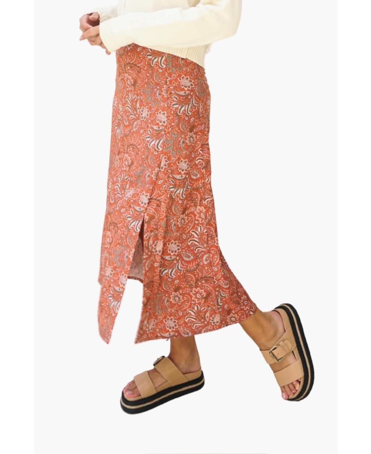 Paneros Clothing Women's Paisley Printed Avery Midi Skirt in Rust