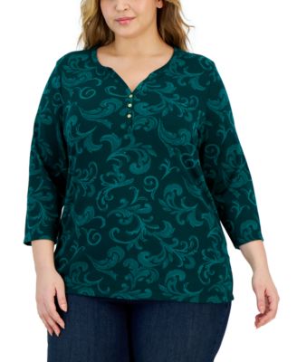Karen Scott - Plus Size Scroll Henley Short-Sleeve Top