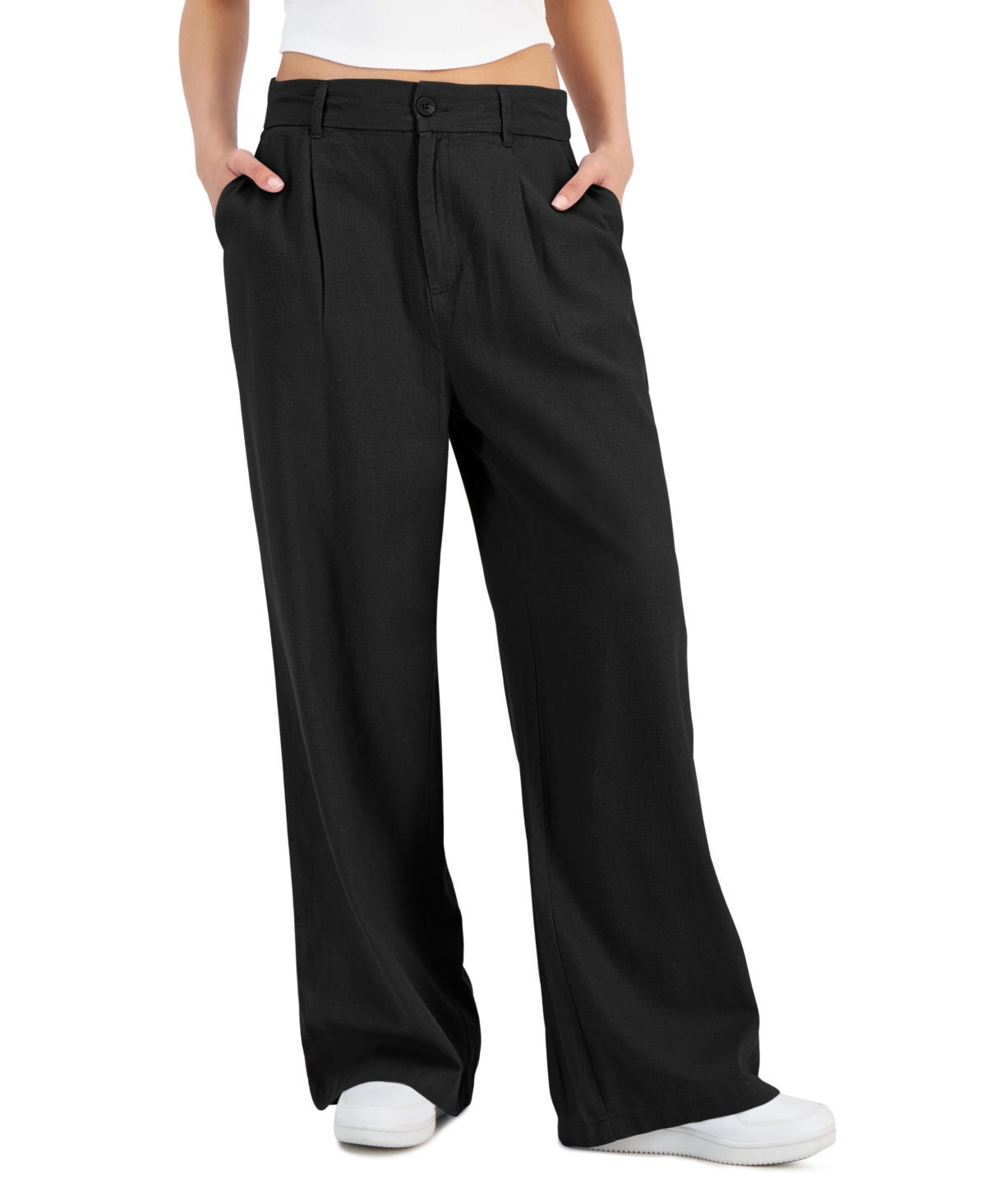 Rewash Juniors' High-rise Linen Wide-leg Pleat-front Trouser Pants In Black