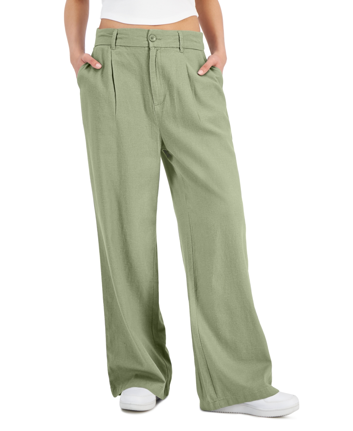 Rewash Juniors' High-rise Linen Wide-leg Pleat-front Trouser Pants In Sage Leaf