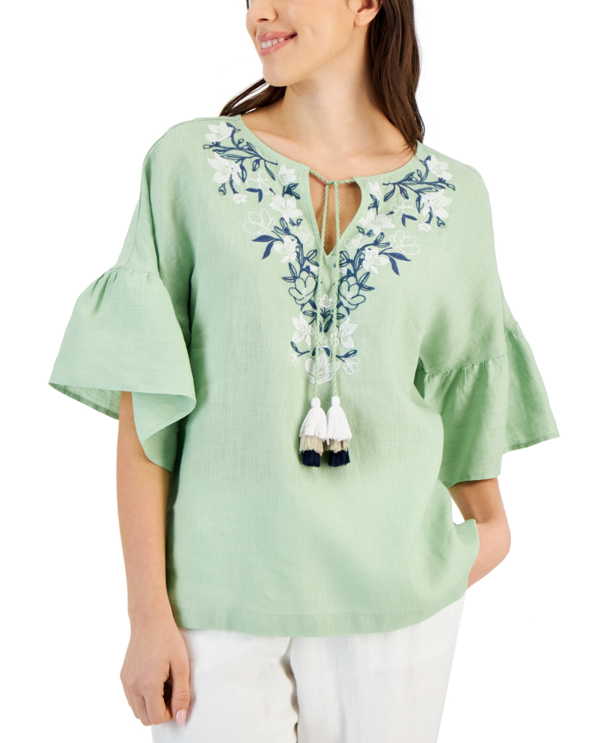 Charter Club Women's 100% Linen Embroidered Peasant Top, Created For Macy's In Green Frost