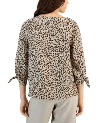 Charter Club Women's 100% Linen Animal-Print Tie-Cuff Top