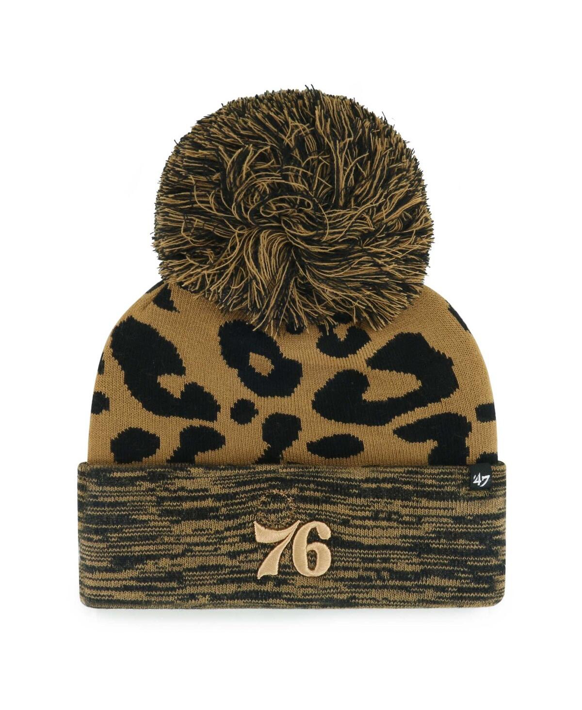 47 Brand Women's ' Leopard Philadelphia 76ers Rosette Cuffed Knit Hat With Pom In Brown
