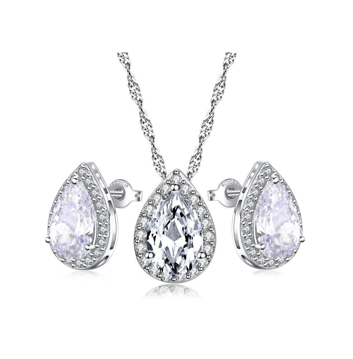 Teardrop Crystal Necklace and Teardrop Crystal Earring Set - Silver