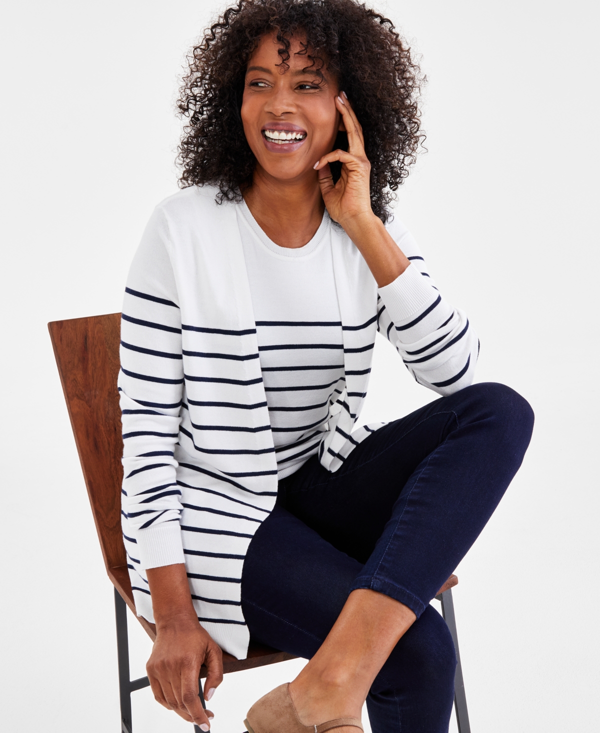 Shop Style & Co Women's Striped Cardigan Sweater, Created For Macy's In Shiitake