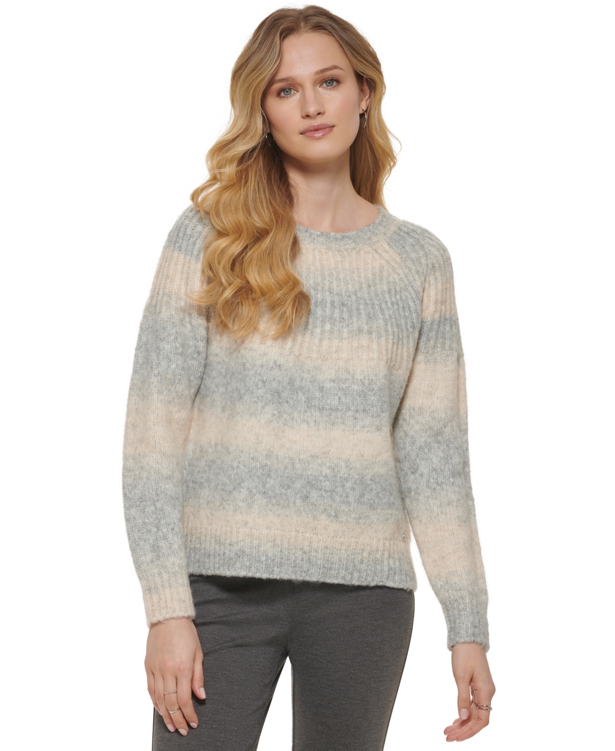 Dkny Women's Ombre Striped Crewneck Ribbed-trim Sweater In Flax Heather