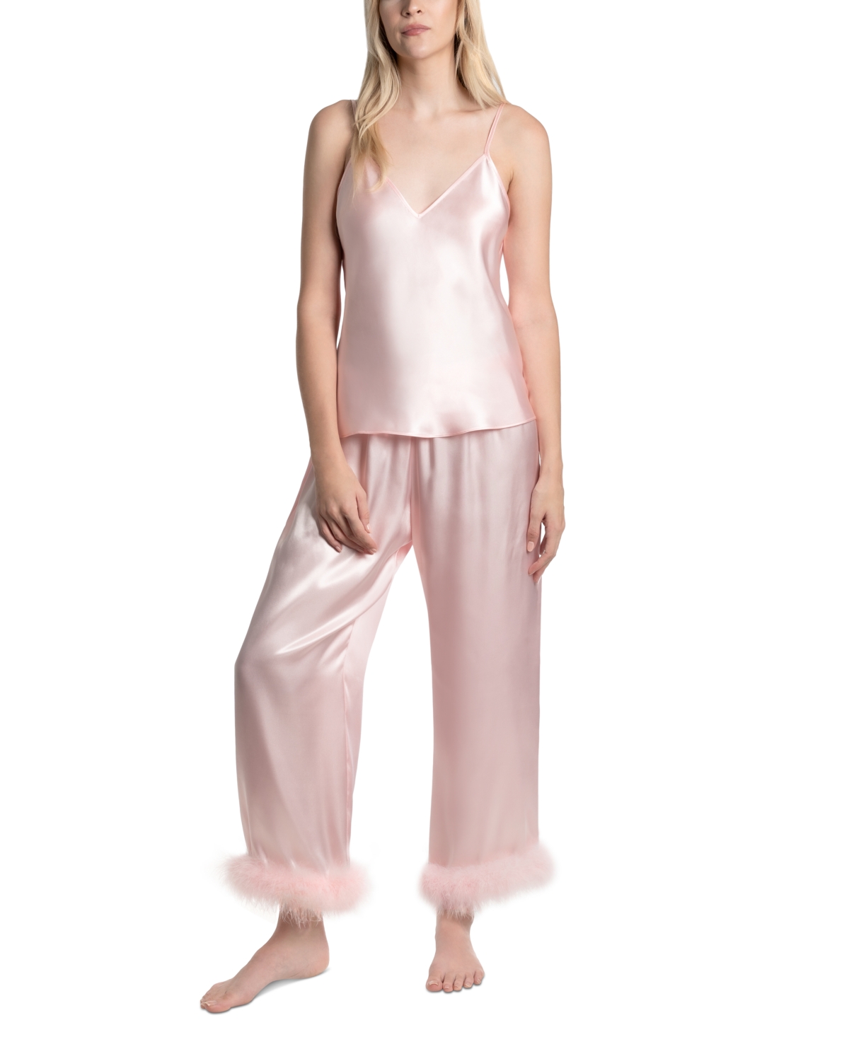 Women's Marabou 2-Pc. Satin Pajamas Set - Rose Pink
