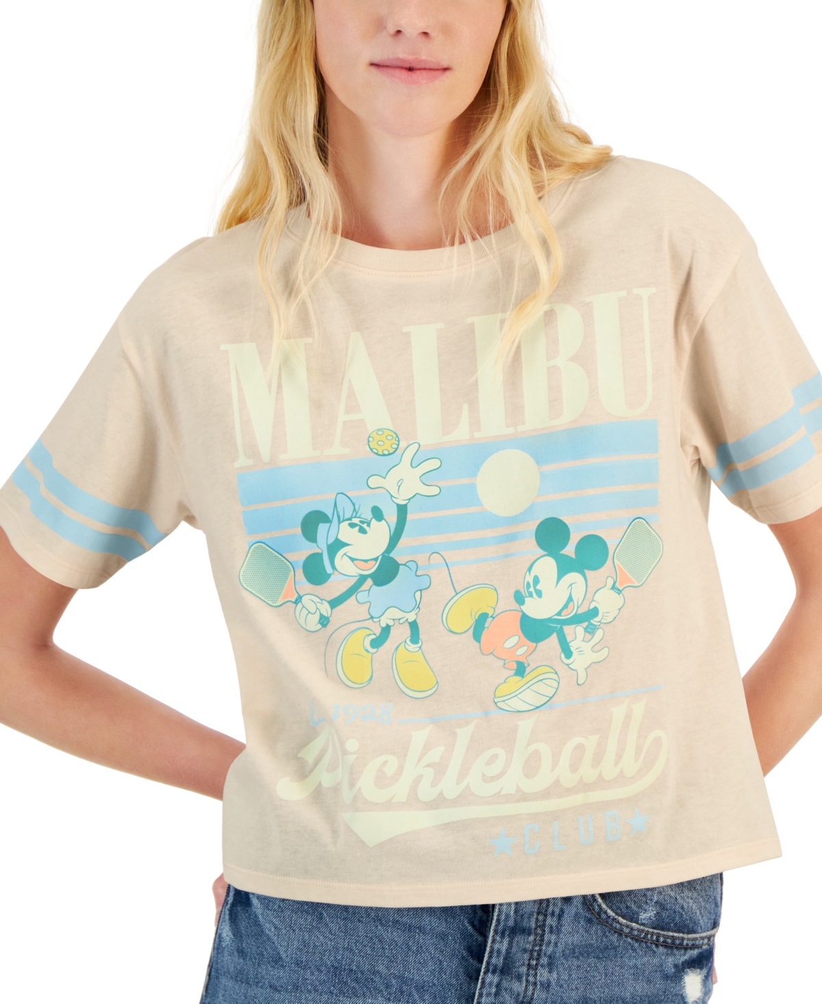 Shop Disney Juniors' Mickey & Minnie Pickle Ball Club Graphic Tee In Pale Peach