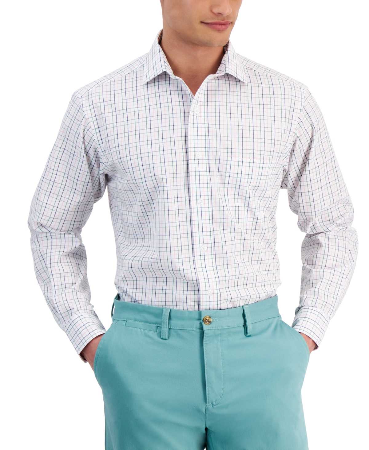 Men's Letto Plaid Dress Shirt, Created for Macy's - Green Pink