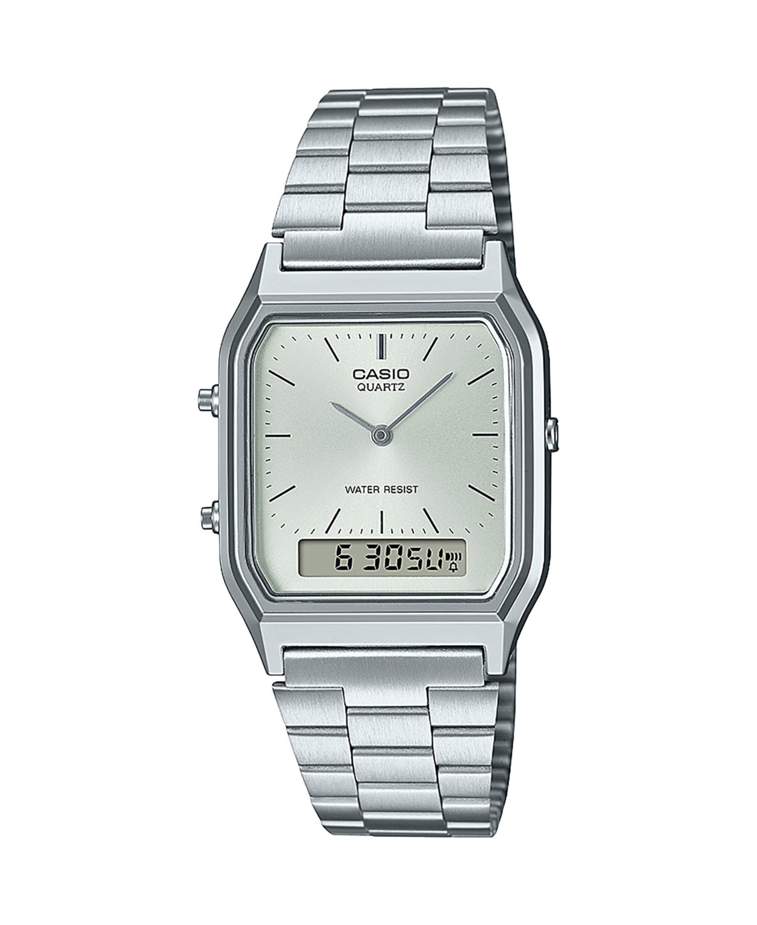Unisex Analog Digital Casio Silver-Tone Color Stainless Steel Watch, 29.8mm, AQ230A-7AVT