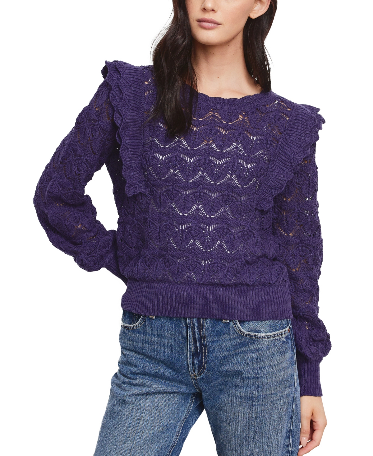 Fever Women's Pointelle Ruffle Sweater In Eclipse