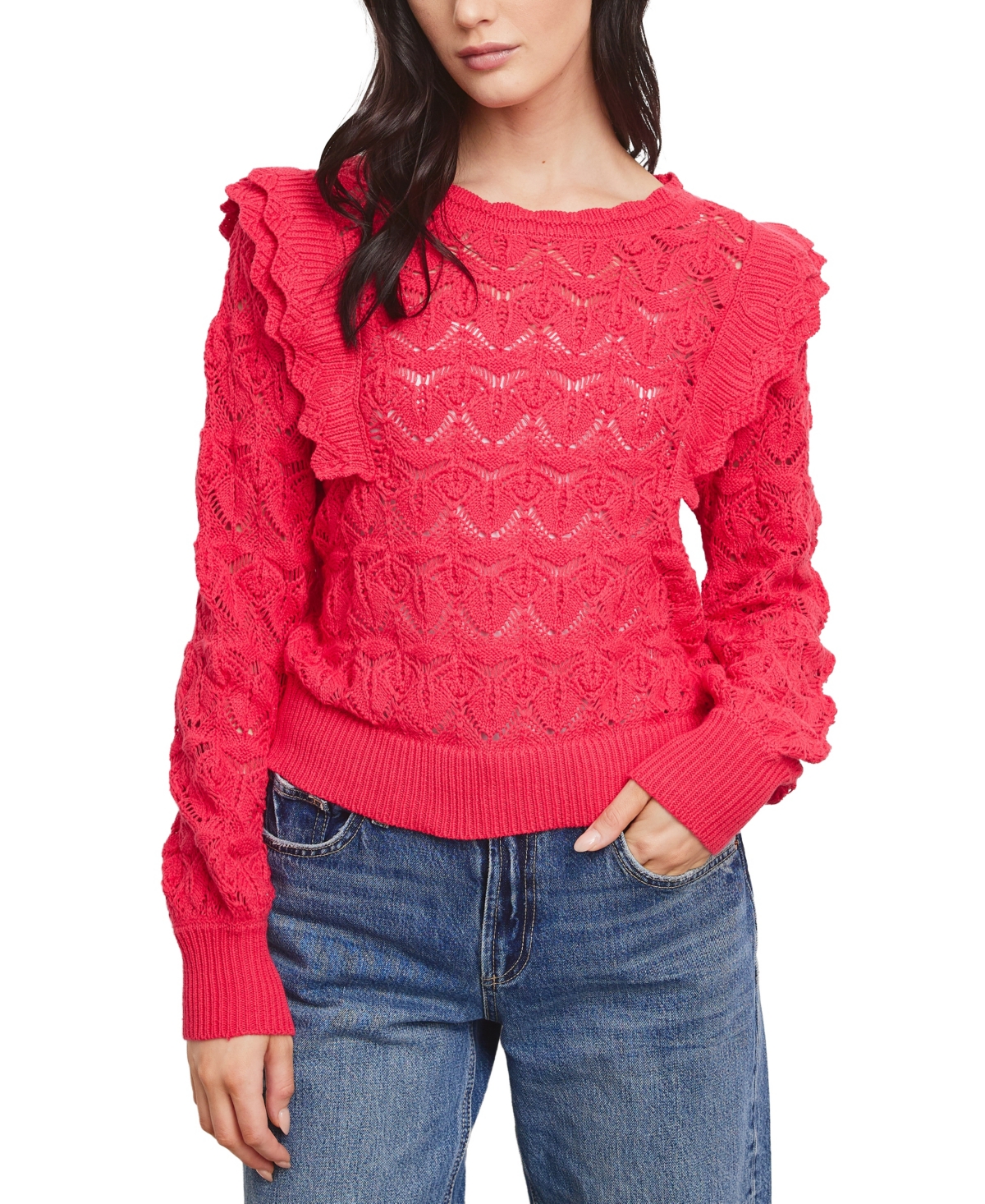 Fever Women's Pointelle Ruffle Sweater In Viva Magenta