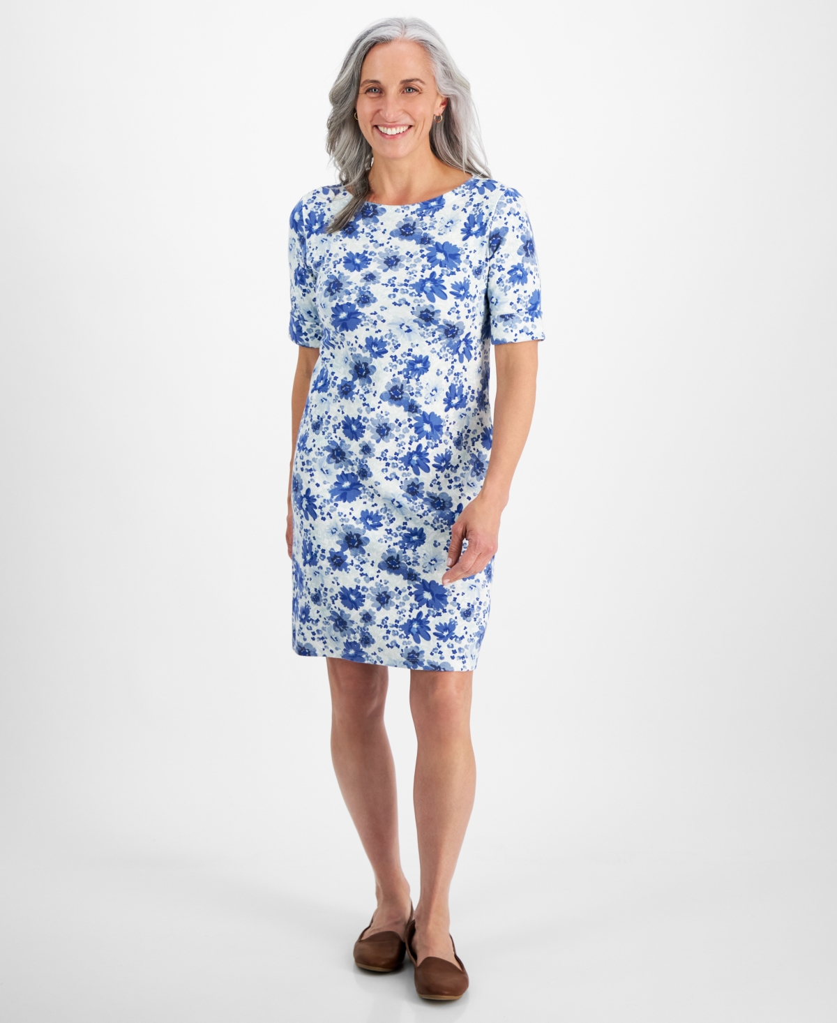 Style & Co Petite Wind Garden Boat-neck Knit Dress, Created For Macy's In Garden White