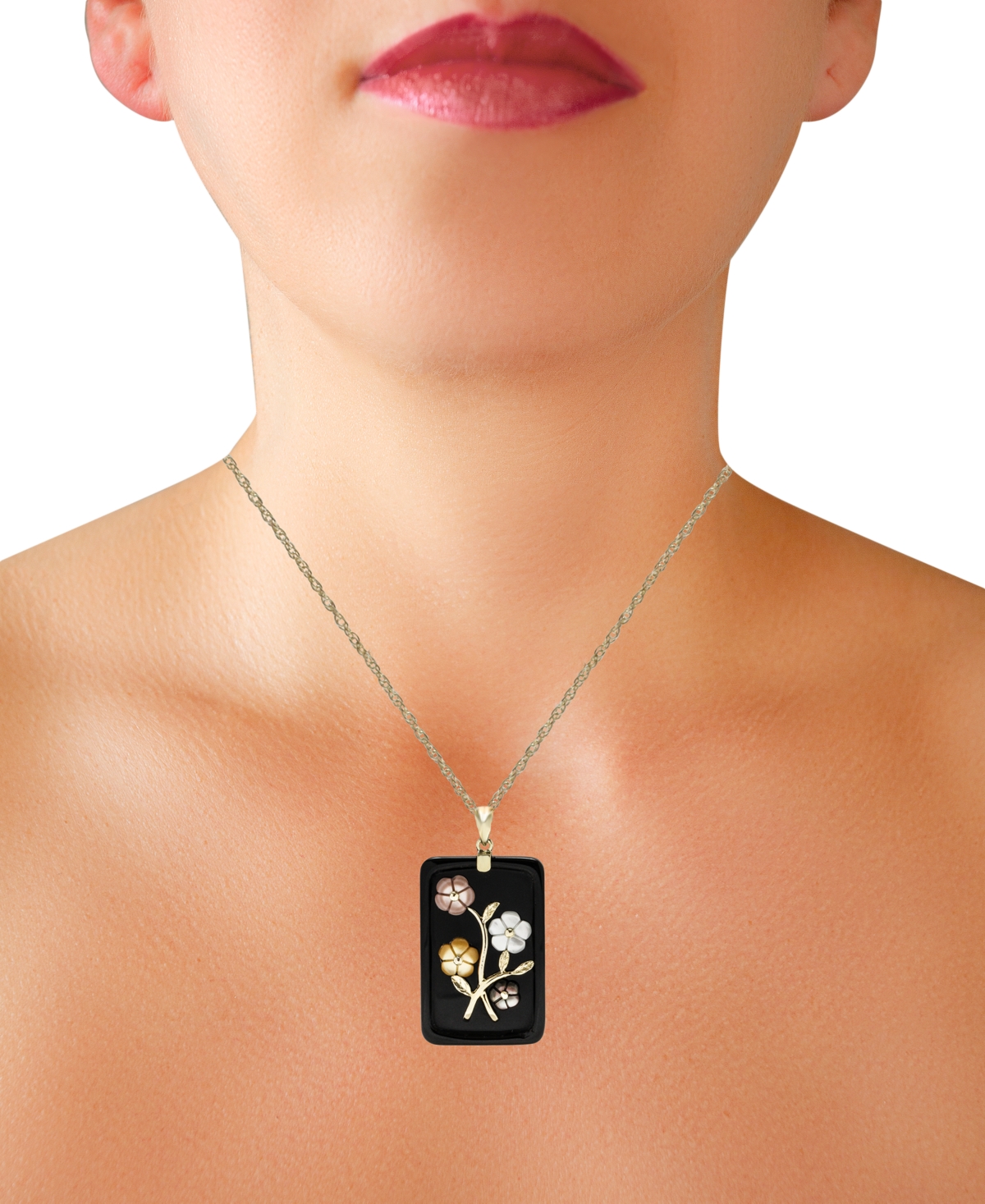 Jade or Onyx Carved Flower Pendant Necklace (25x38mm) in 14k Gold-Plated Sterling Silver