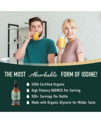 Organic Liquid Nascent Iodine Drops | Iodine Supplement for Thyroid, Energy & Metabolism Support | 2 Fl Oz | 500 Servings | USDA Certified Organic, Highly Absorbable | 1100 mcg Per Serving