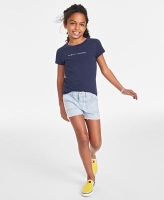 Tommy Hilfiger Big Girls Classic Embroidered T-Shirt & Stretch Frayed-Hem  Denim Shorts - Macy's