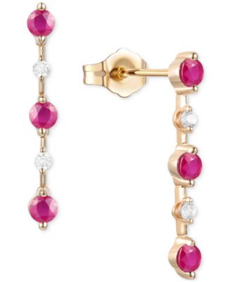 Macy's - Emerald (3/4 ct. t.w.) & Diamond (1/10 ct. t.w.) Linear Drop Earrings in 14k Gold (Also in Ruby & Sapphire)