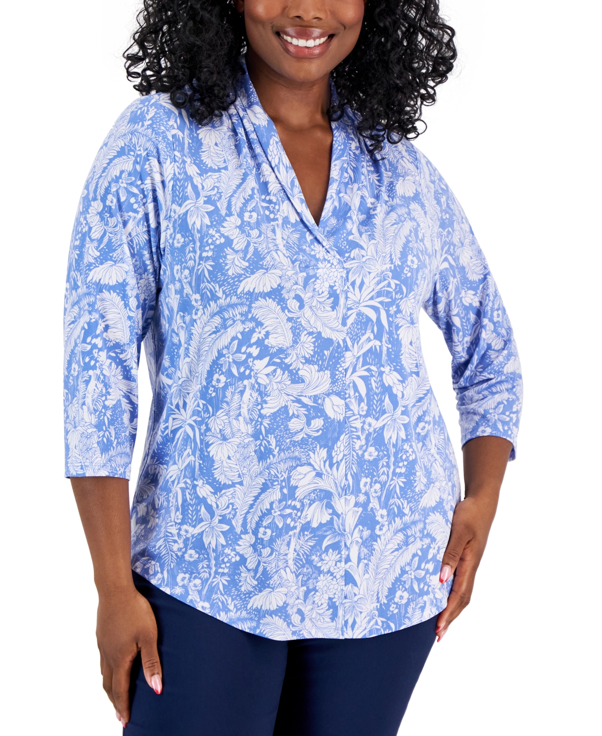 Jm Collection Plus Size Floral-print Front-pleat Top, Created For Macy's In Watery Blue Combo