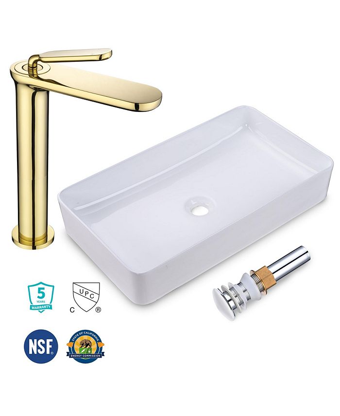 Aquaterior Rectangle Ceramic Bathroom Sink and Gold Vanity Mixer Faucet ...
