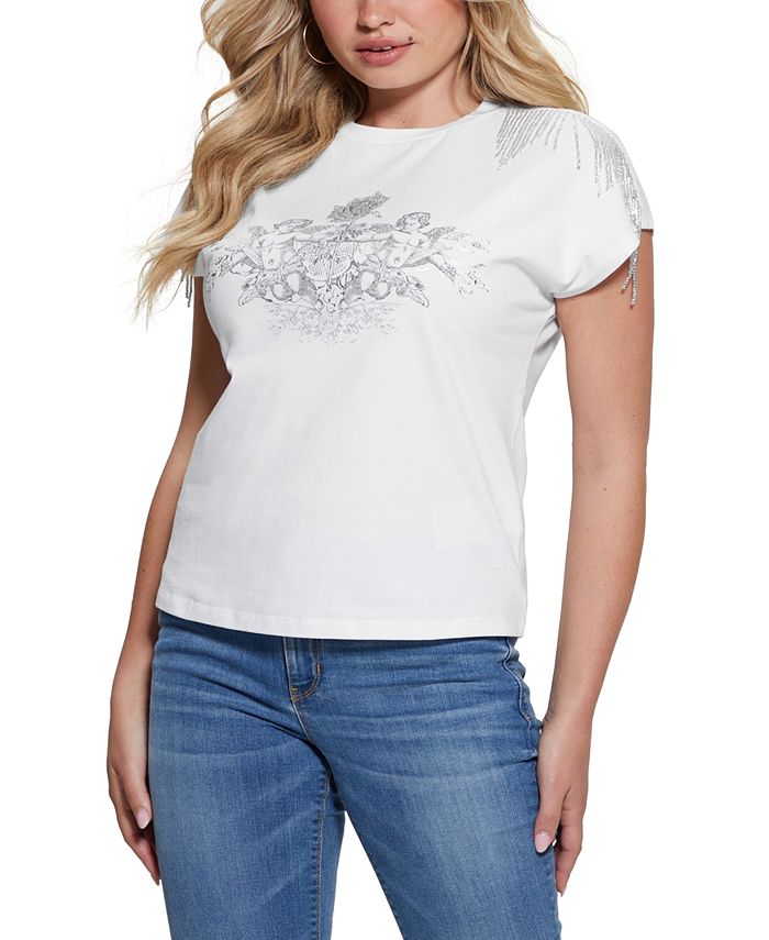 GUESS Women's Embellished Graphic Fringed Cotton T-Shirt - Macy's