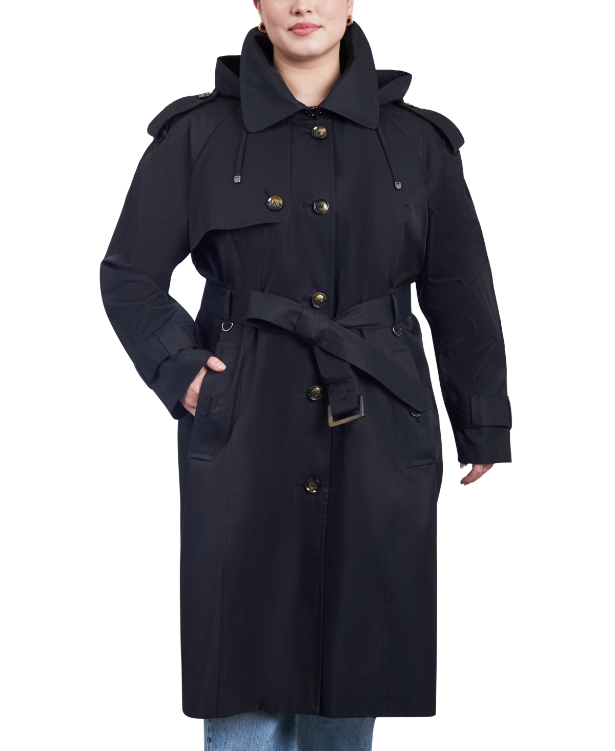 Shop London Fog Women's Plus Size Belted Hooded Water-resistant Trench Coat In Black